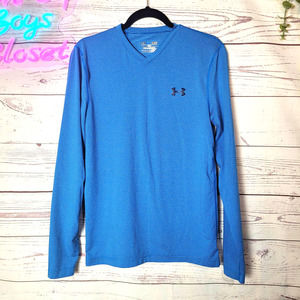 Under Armour Blue Striped Coldgear Fitted V-Neck Long Sleeve Top Mens Size Small